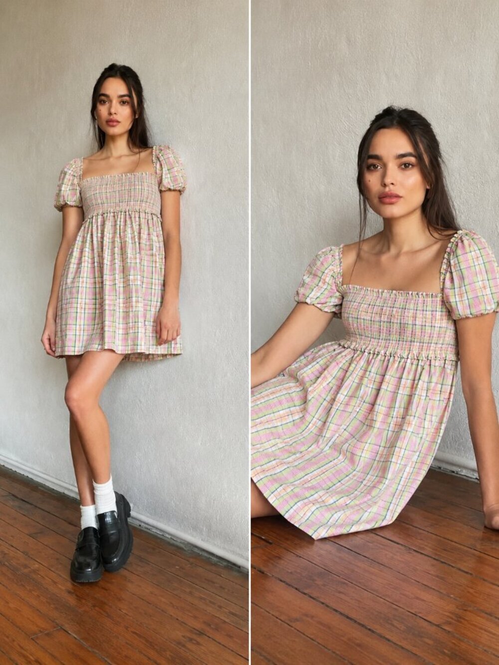 Aritzia Sunday Best Hadley Babydoll Poplin Mini Dress Pink Green Check Small